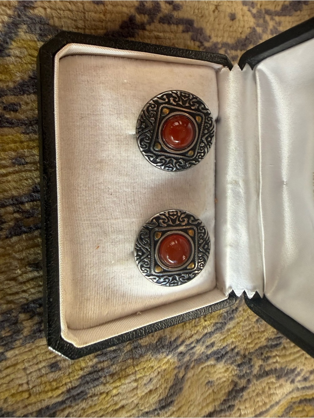 Vintage Silver-Tone Earrings with Red Cabochon